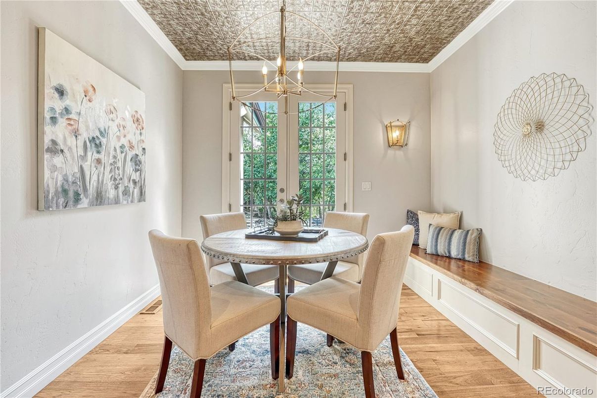 Dining room, Interior, Pendant Lights, Wood Texture Flooring