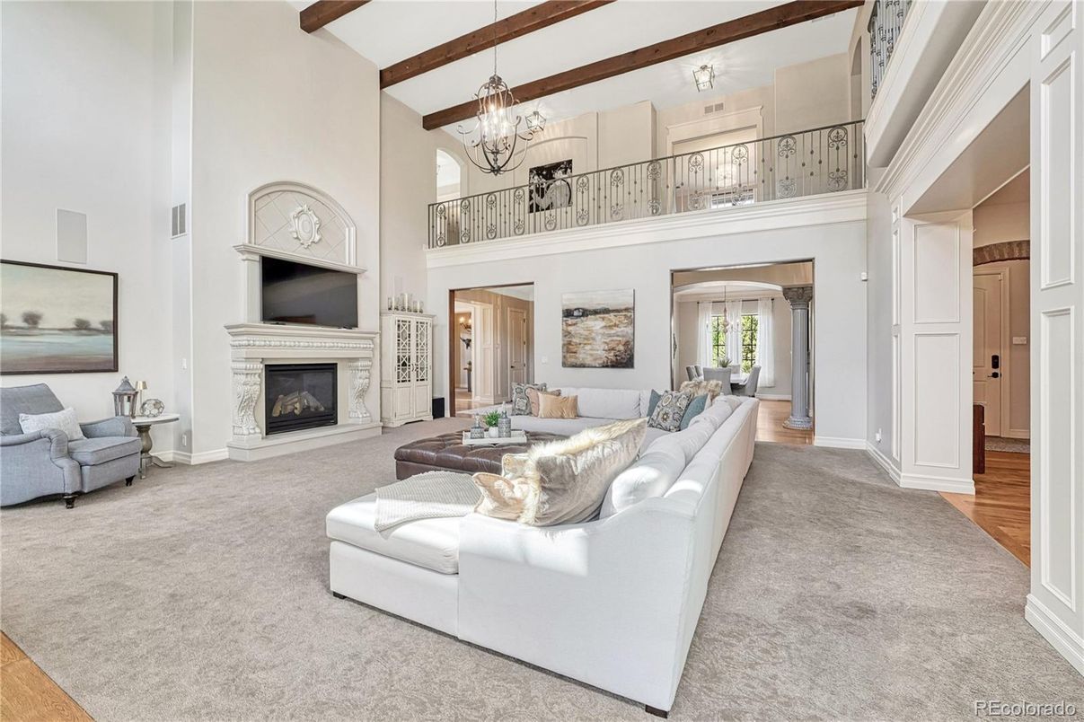 Chandelier, Fireplace, Interior, Living room, Wooden Beams, Wood Texture Flooring