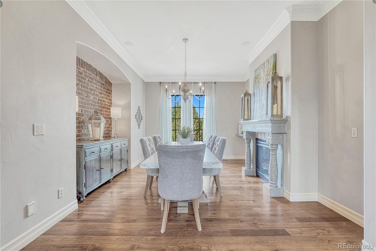 Dining room, Fireplace, Interior, Pendant Lights, Wood Texture Flooring