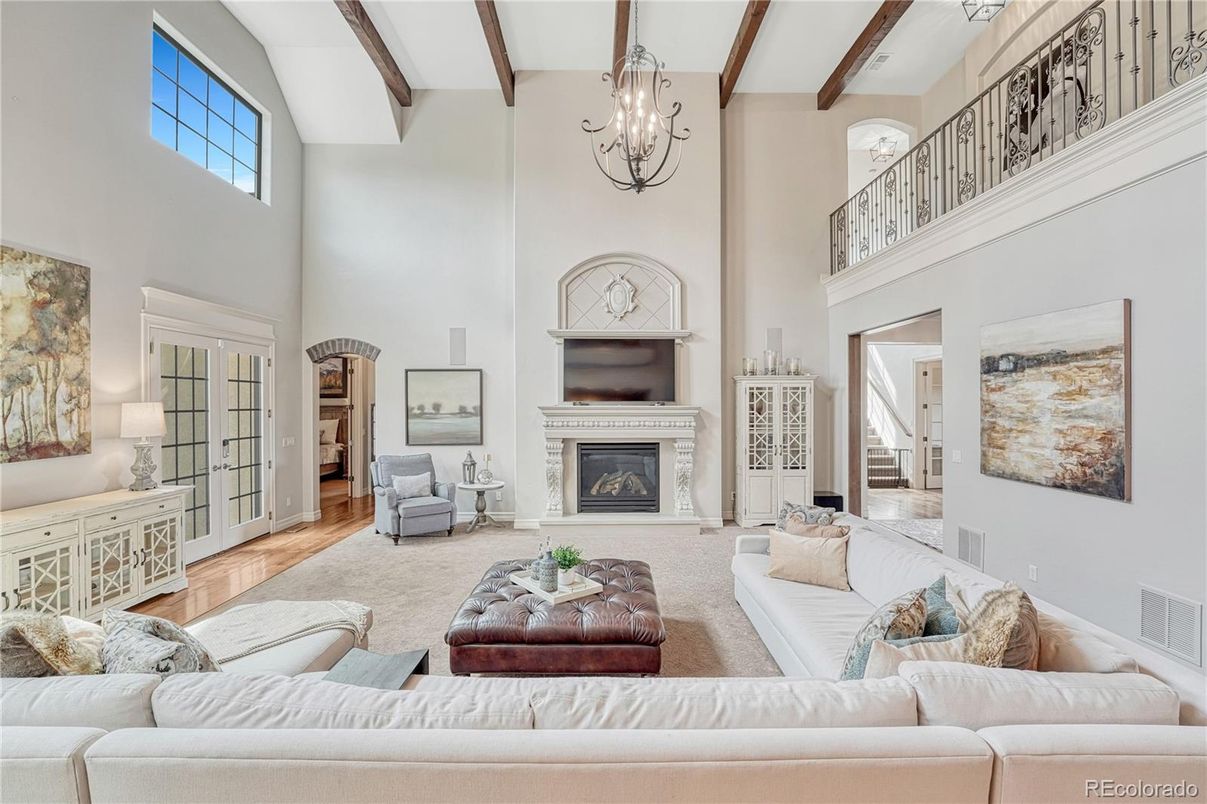 Chandelier, Fireplace, Interior, Living room, Wooden Beams, Wood Texture Flooring