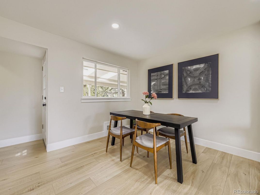 Dining room, Interior, Recessed Lighting, Wood Texture Flooring