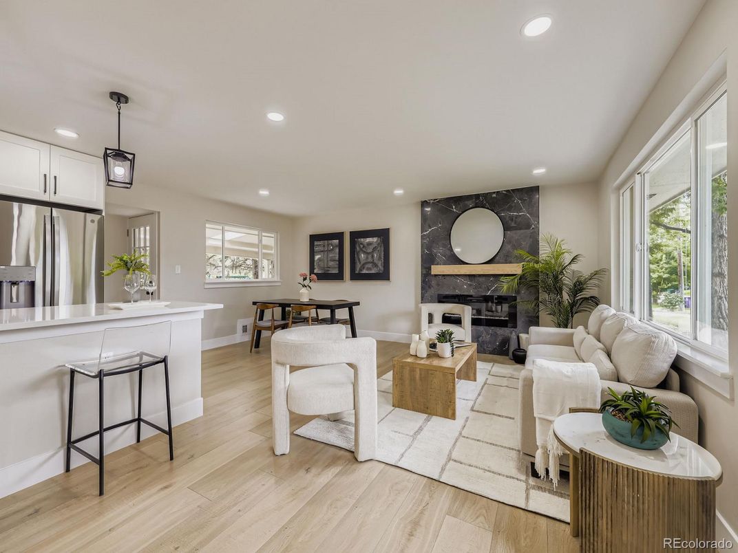 Dining room, Fireplace, Interior, Kitchen, Living room, Pendant Lights, Recessed Lighting, Wood Texture Flooring