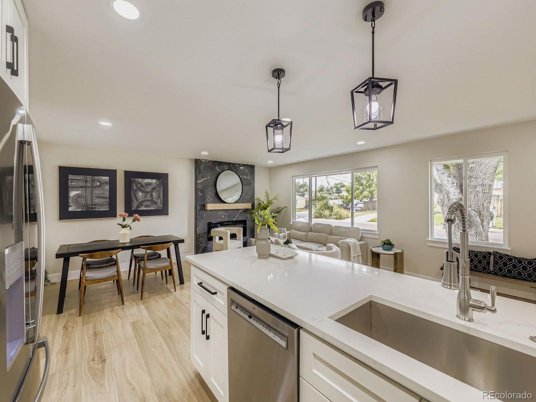 Dining room, Fireplace, Interior, Kitchen, Pendant Lights, Recessed Lighting, Wood Texture Flooring