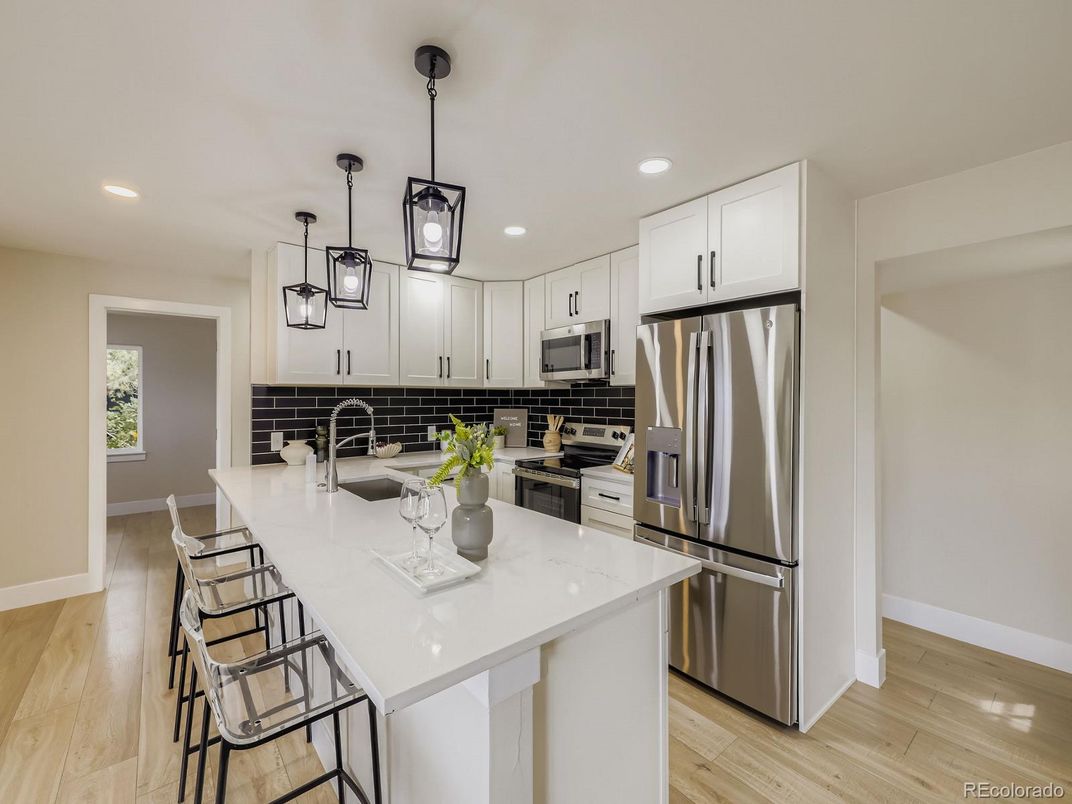 Interior, Kitchen, Pendant Lights, Recessed Lighting, Stainless Steel Appliances, Wood Texture Flooring