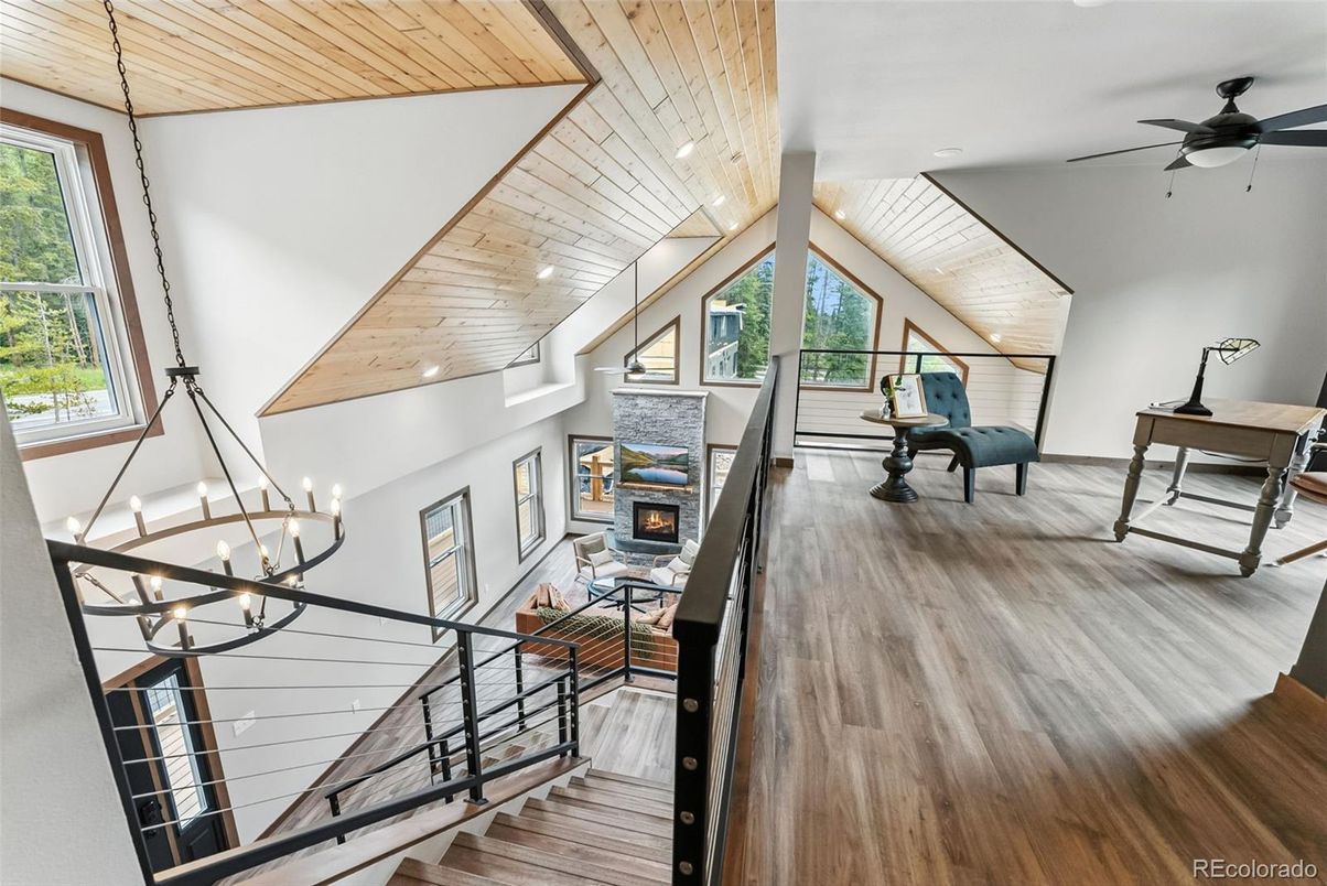 Chandelier, Fireplace, Interior, Pendant Lights, Recessed Lighting, Wooden Ceilings, Wood Texture Flooring