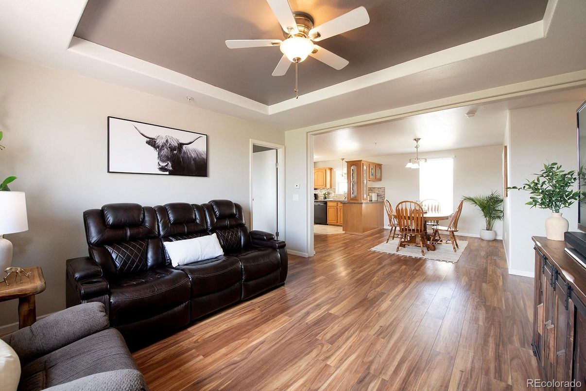 Dining room, Interior, Kitchen, Living room, Pendant Lights, Wood Texture Flooring