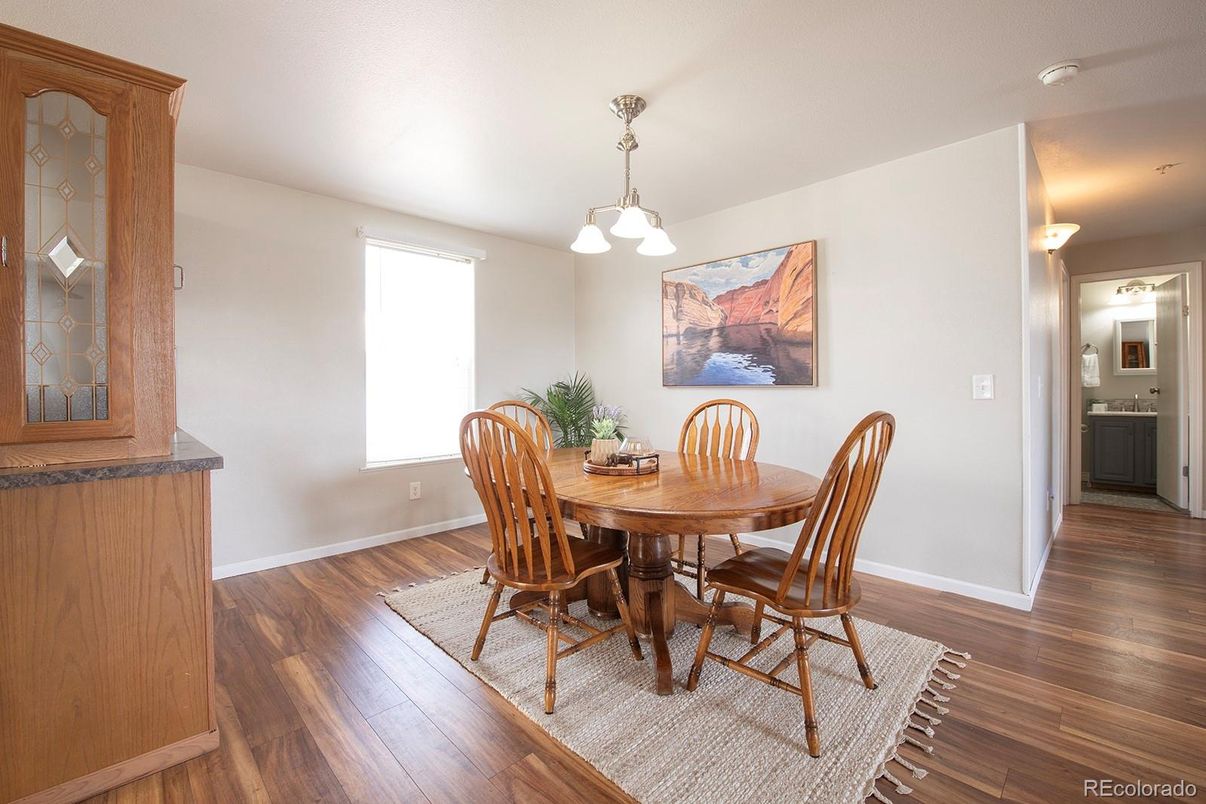 Dining room, Interior, Pendant Lights, Wood Texture Flooring