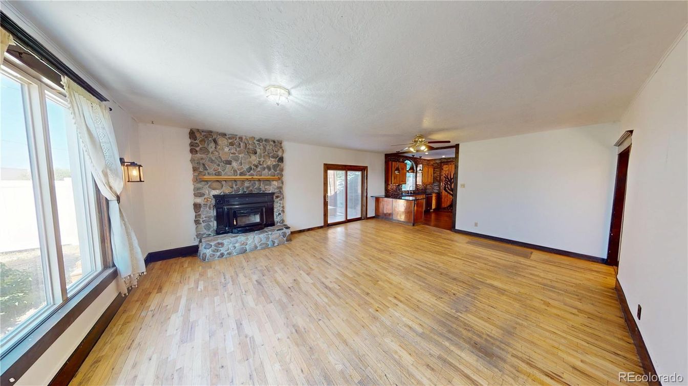 Empty room, Fireplace, Interior, Stone Walls, Wood Texture Flooring