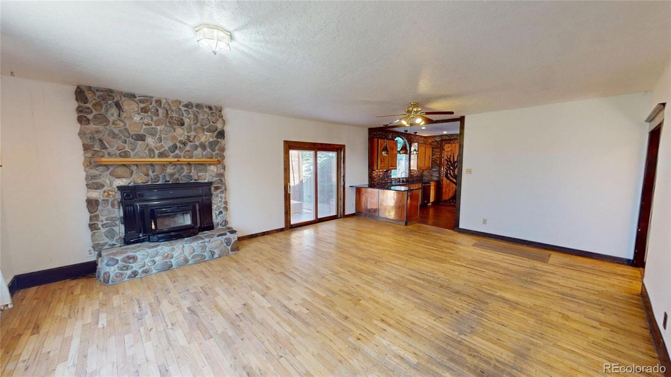 Empty room, Fireplace, Interior, Stone Walls, Wood Texture Flooring