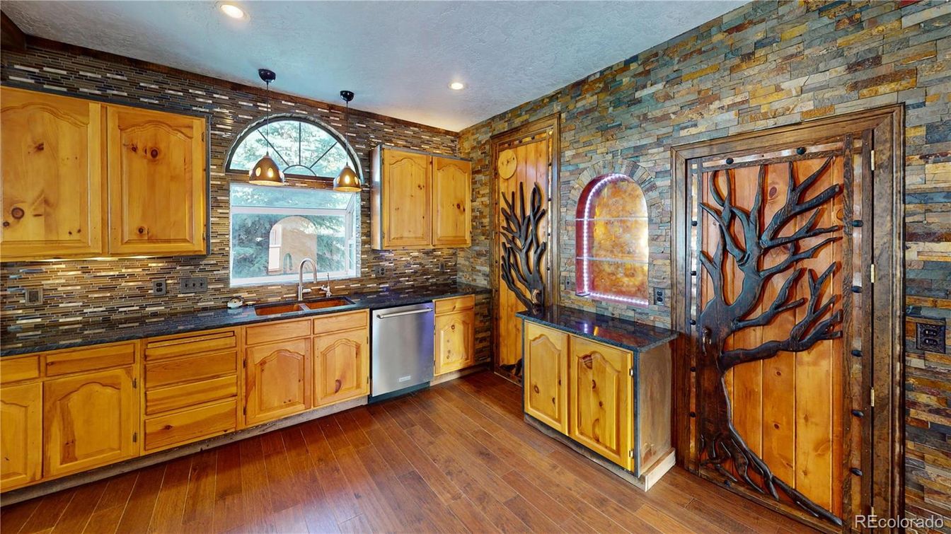 Interior, Kitchen, Recessed Lighting, Stone Walls, Wood Texture Flooring