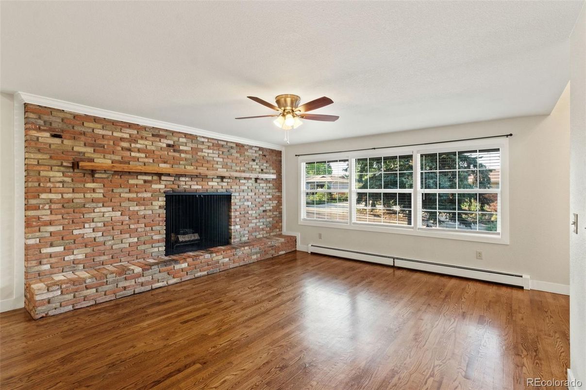 Empty room, Fireplace, Interior, Stone Walls, Wood Texture Flooring