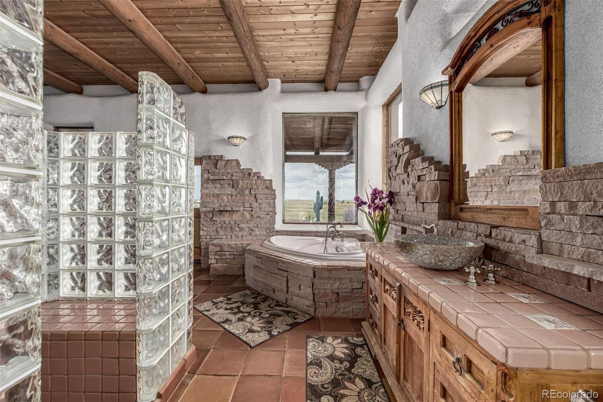 Bathroom, Dual Sink Vanities, Interior, Tile Countertops, Wooden Beams, Wooden Ceilings