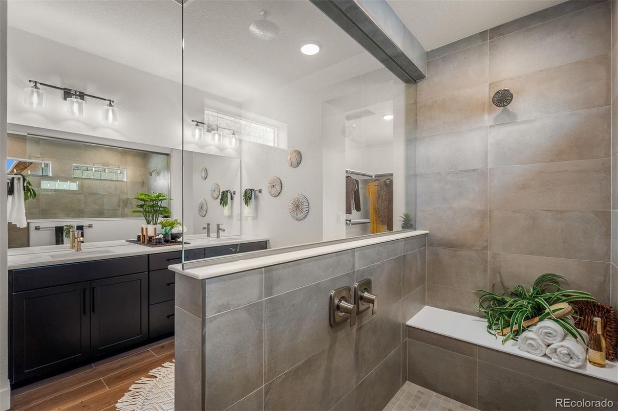 Bathroom, Dual Sink Vanities, Interior, Recessed Lighting, Wood Texture Flooring