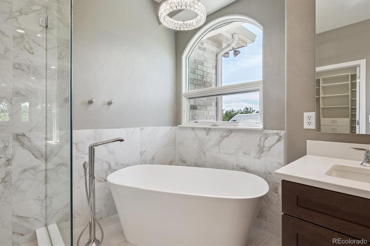 Bathroom, Free Standing Baths, Glass Shower, Interior, Marble Walls