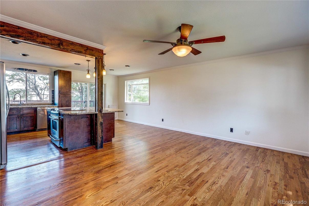 Empty room, Interior, Kitchen, Pendant Lights, Wood Texture Flooring