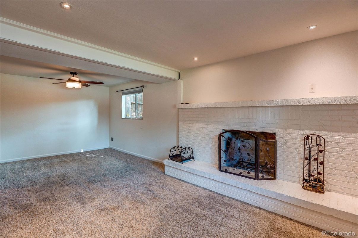 Empty room, Fireplace, Interior, Recessed Lighting, Stone Walls