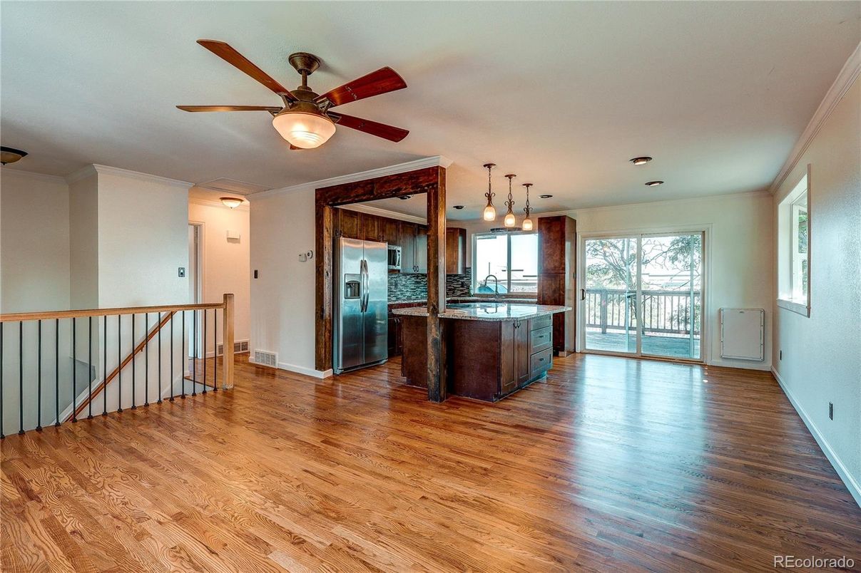 Empty room, Interior, Kitchen, Pendant Lights, Recessed Lighting, Wood Texture Flooring
