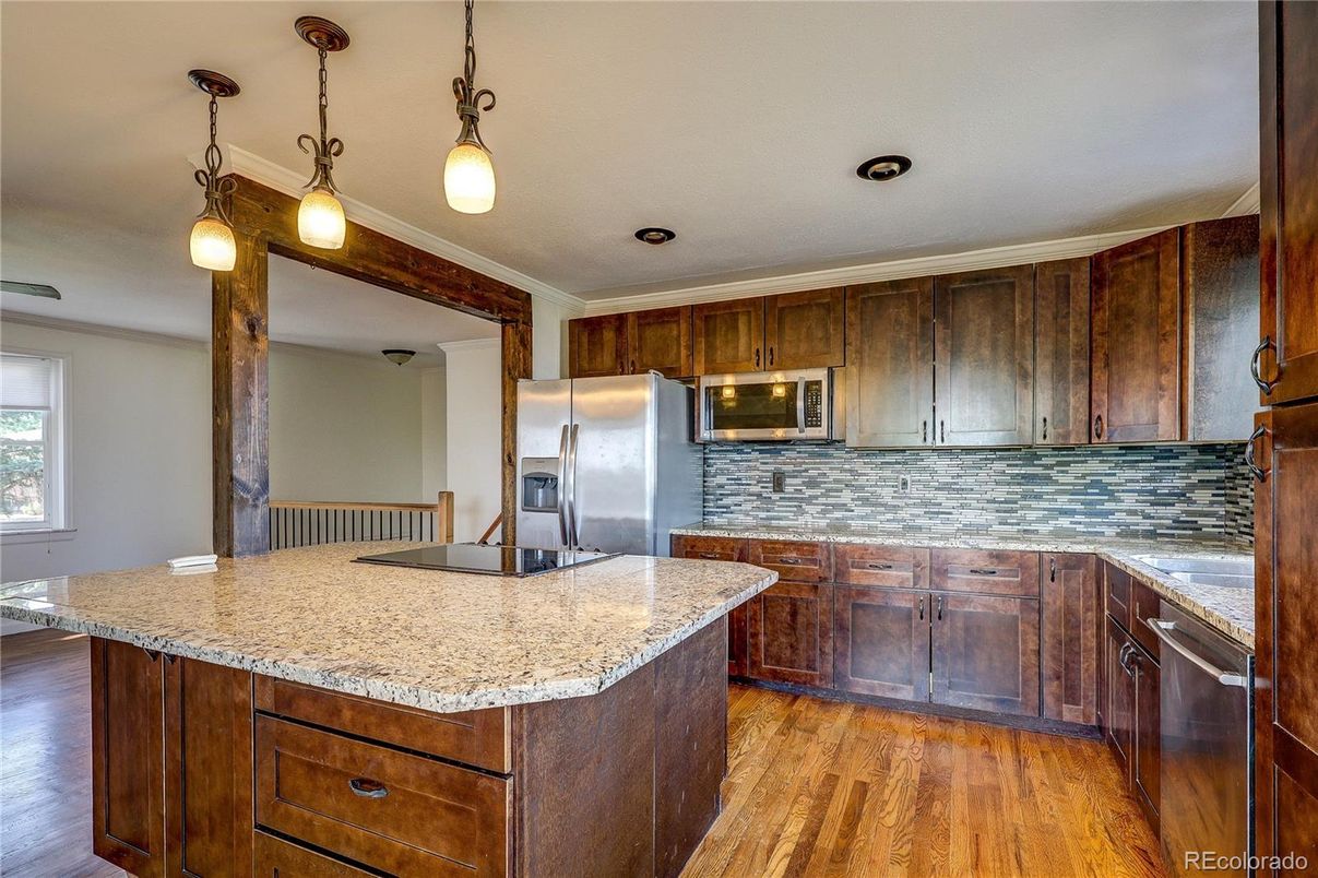 Interior, Kitchen, Pendant Lights, Recessed Lighting, Stainless Steel Appliances, Wood Texture Flooring