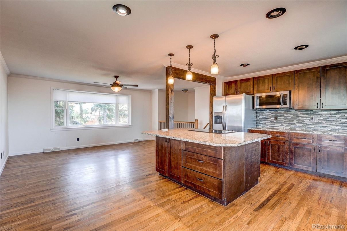 Interior, Kitchen, Pendant Lights, Recessed Lighting, Stainless Steel Appliances, Wood Texture Flooring