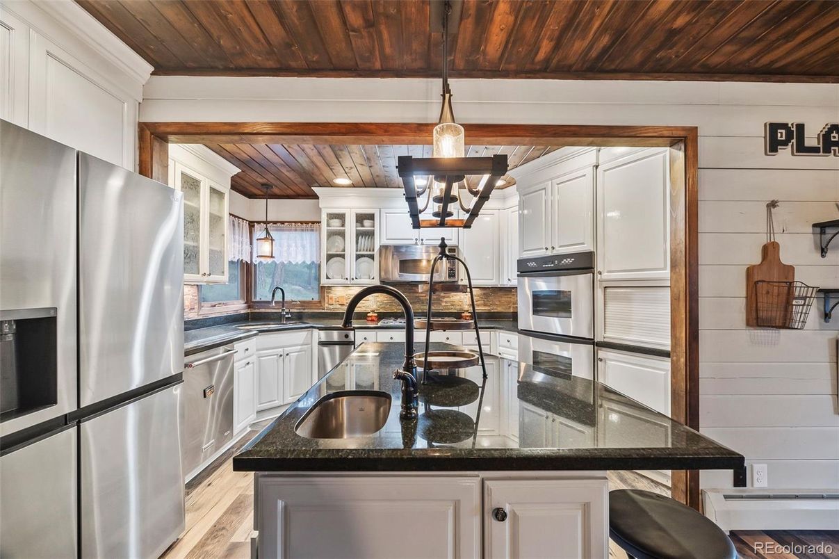 Interior, Kitchen, Pendant Lights, Recessed Lighting, Stainless Steel Appliances, Wooden Ceilings, Wood Texture Flooring