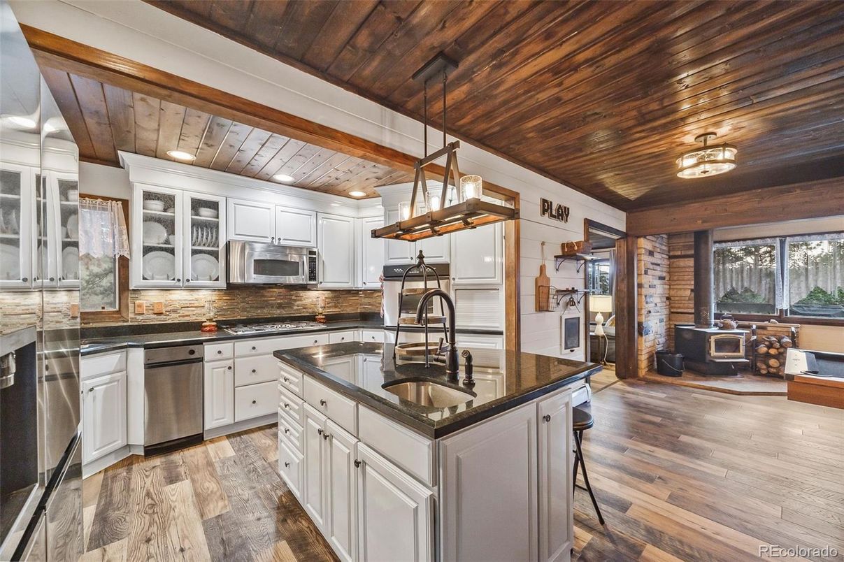 Interior, Kitchen, Pendant Lights, Recessed Lighting, Stainless Steel Appliances, Wooden Ceilings, Wood Texture Flooring
