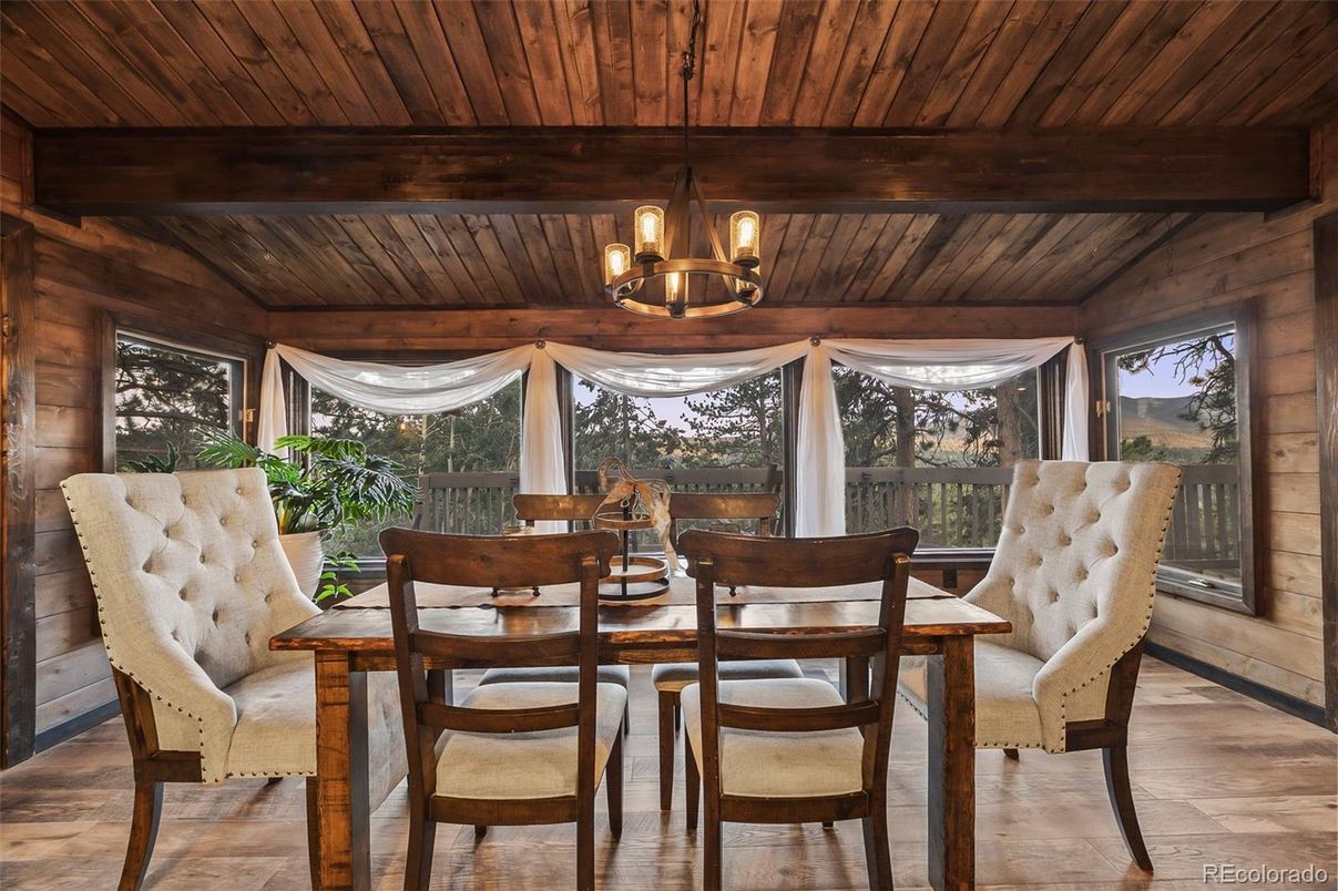 Chandelier, Dining room, Interior, Wooden Beams, Wooden Ceilings, Wood Texture Flooring, Wooden Walls