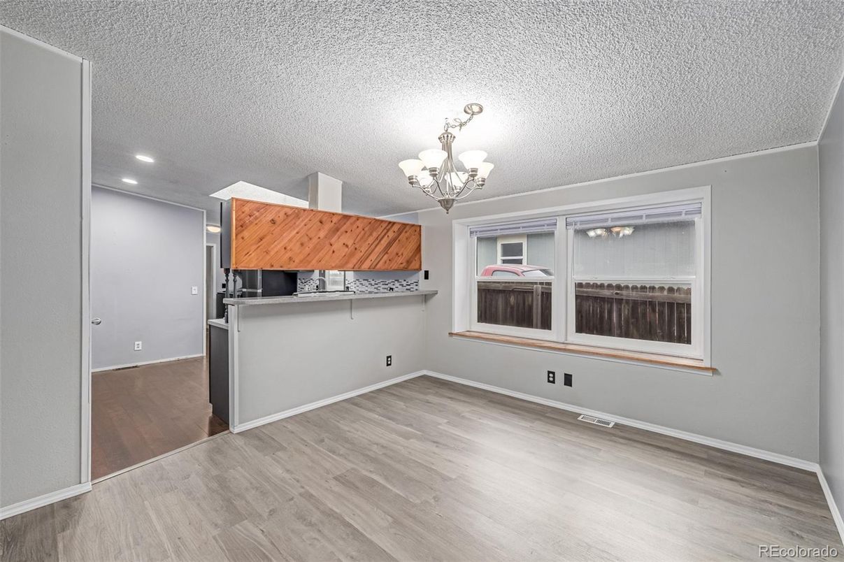 Chandelier, Empty room, Interior, Kitchen, Recessed Lighting, Wood Texture Flooring