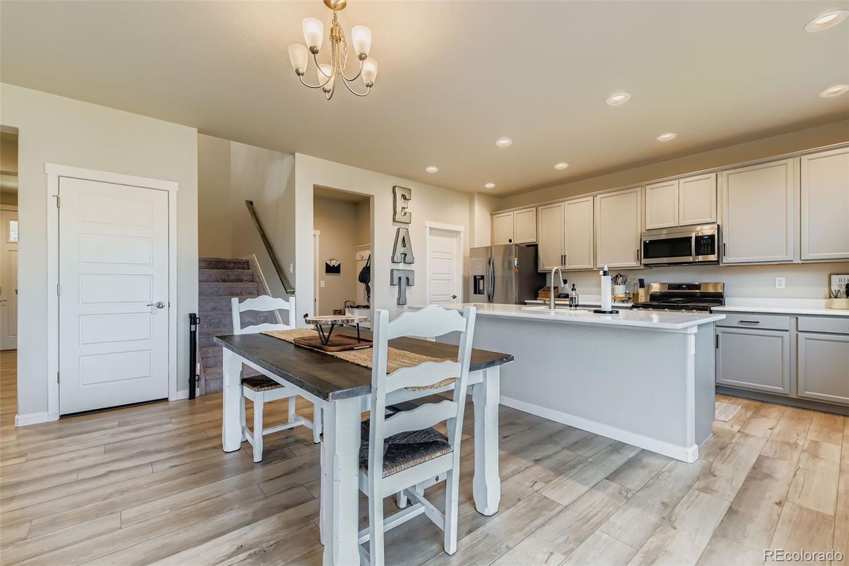 Chandelier, Dining room, Interior, Kitchen, Recessed Lighting, Wood Texture Flooring