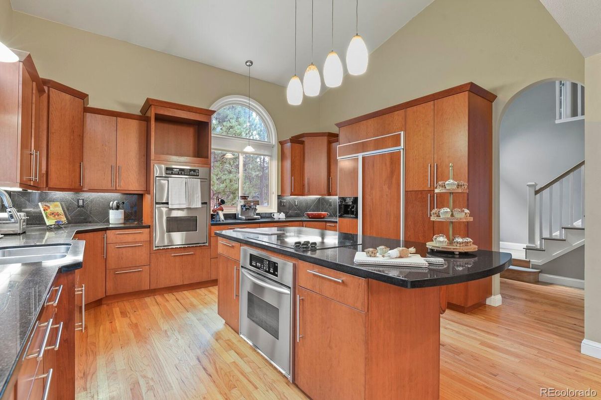 Interior, Kitchen, Pendant Lights, Stainless Steel Appliances, Wood Texture Flooring