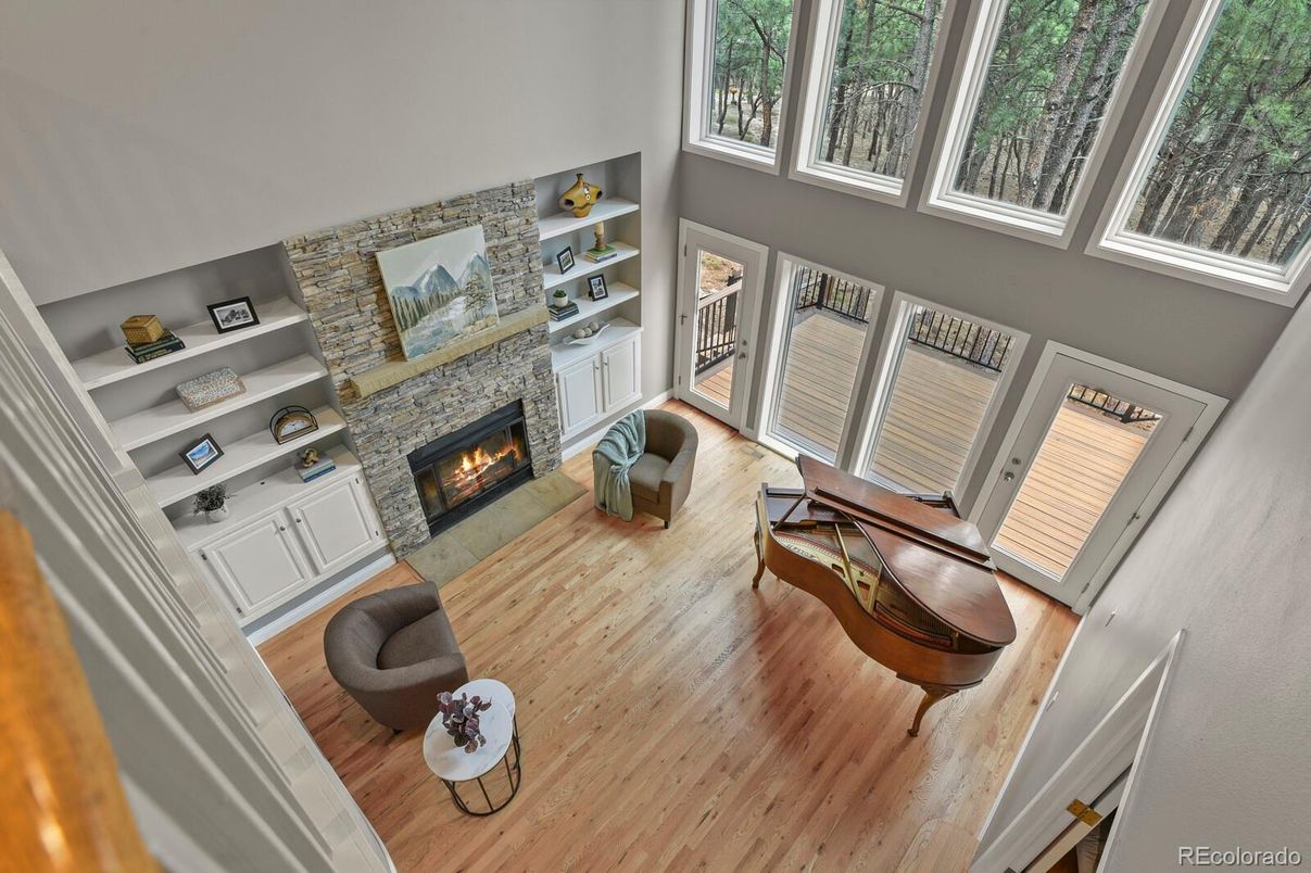 Fireplace, Interior, Living room, Piano, Stone Walls, Wood Texture Flooring