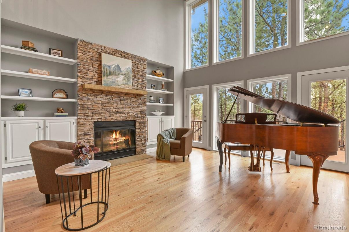 Fireplace, Interior, Piano, Wood Texture Flooring