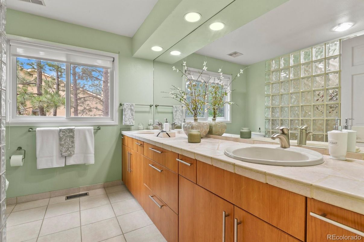 Bathroom, Dual Sink Vanities, Interior, Recessed Lighting, Tile Countertops