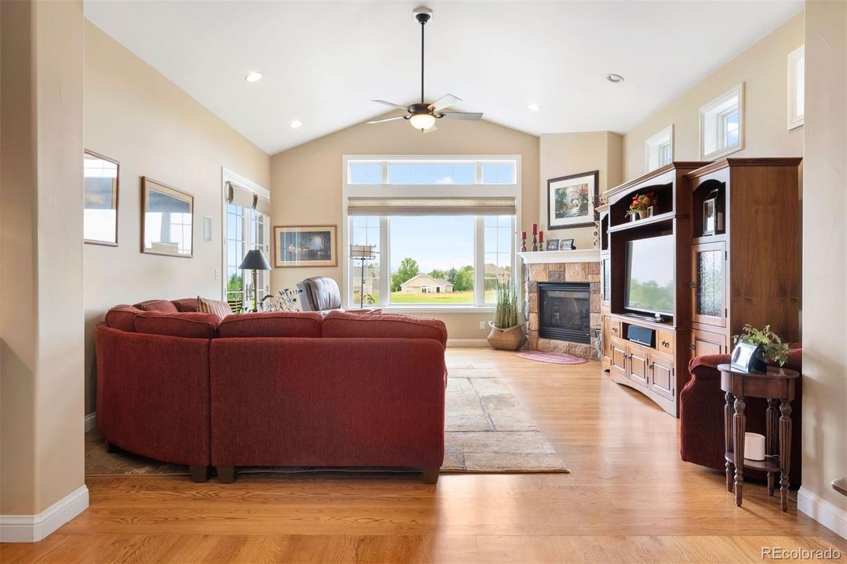 Fireplace, Interior, Living room, Recessed Lighting, Wood Texture Flooring