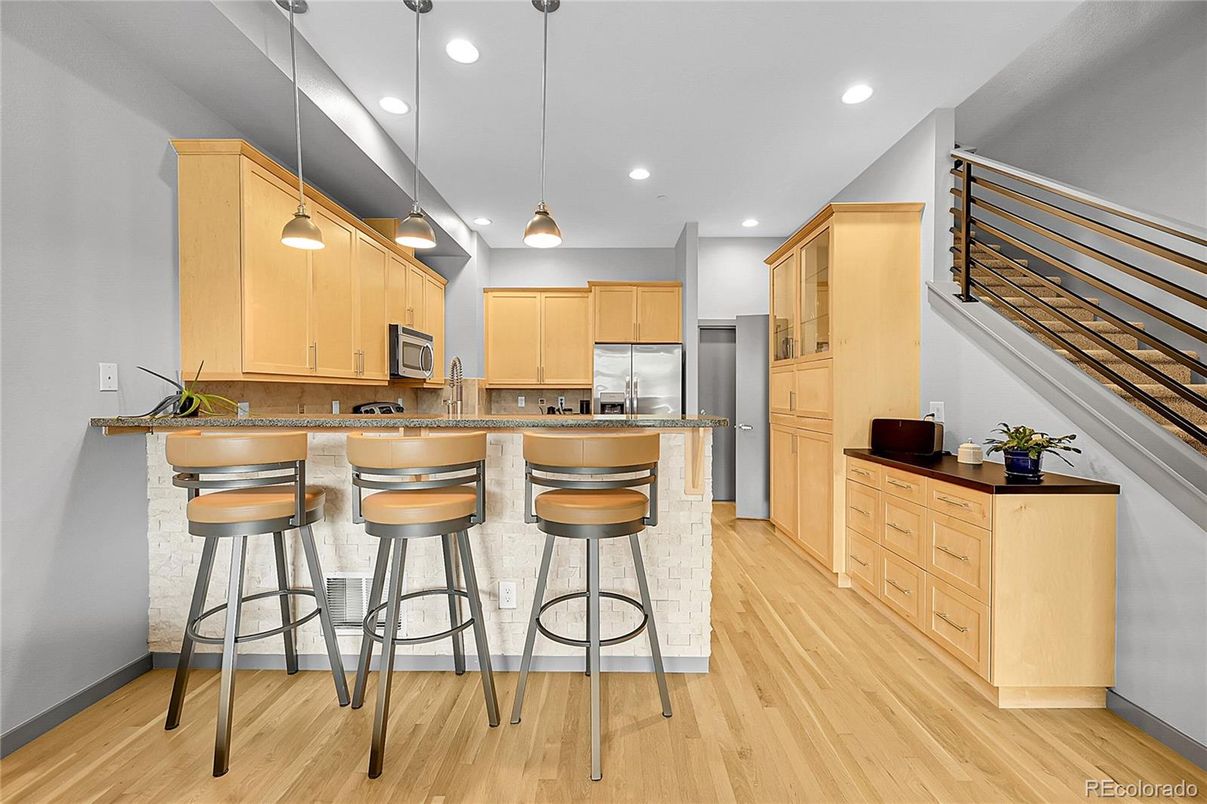 Interior, Kitchen, Pendant Lights, Recessed Lighting, Stainless Steel Appliances, Wood Texture Flooring