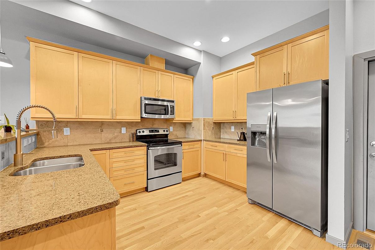 Interior, Kitchen, Recessed Lighting, Stainless Steel Appliances, Wood Texture Flooring