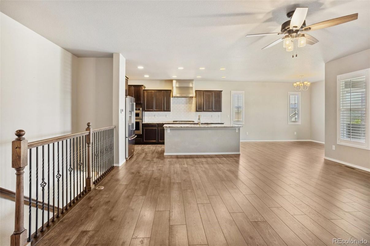 Chandelier, Interior, Kitchen, Recessed Lighting, Stainless Steel Appliances, Wood Texture Flooring