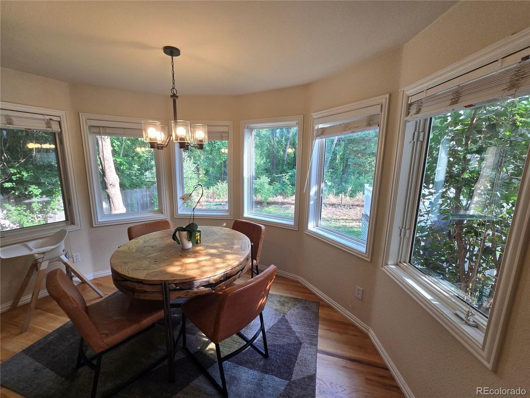 Dining room, Interior, Pendant Lights, Wood Texture Flooring