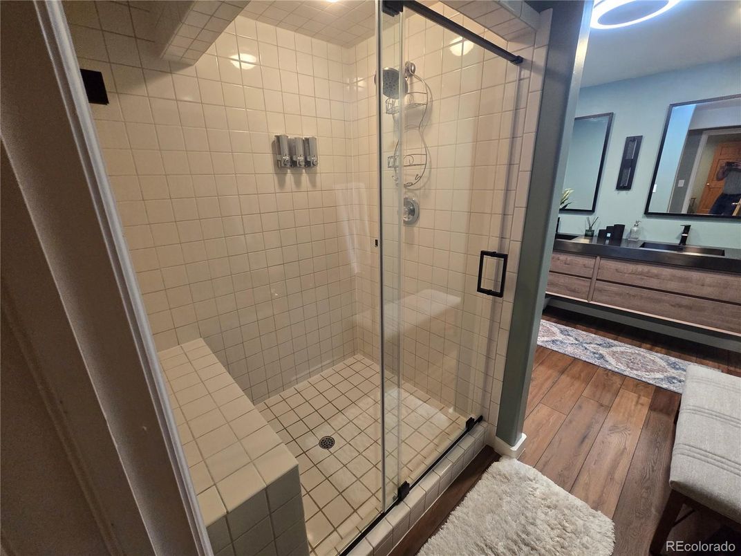 Bathroom, Glass Shower, Interior, Recessed Lighting, Wood Texture Flooring