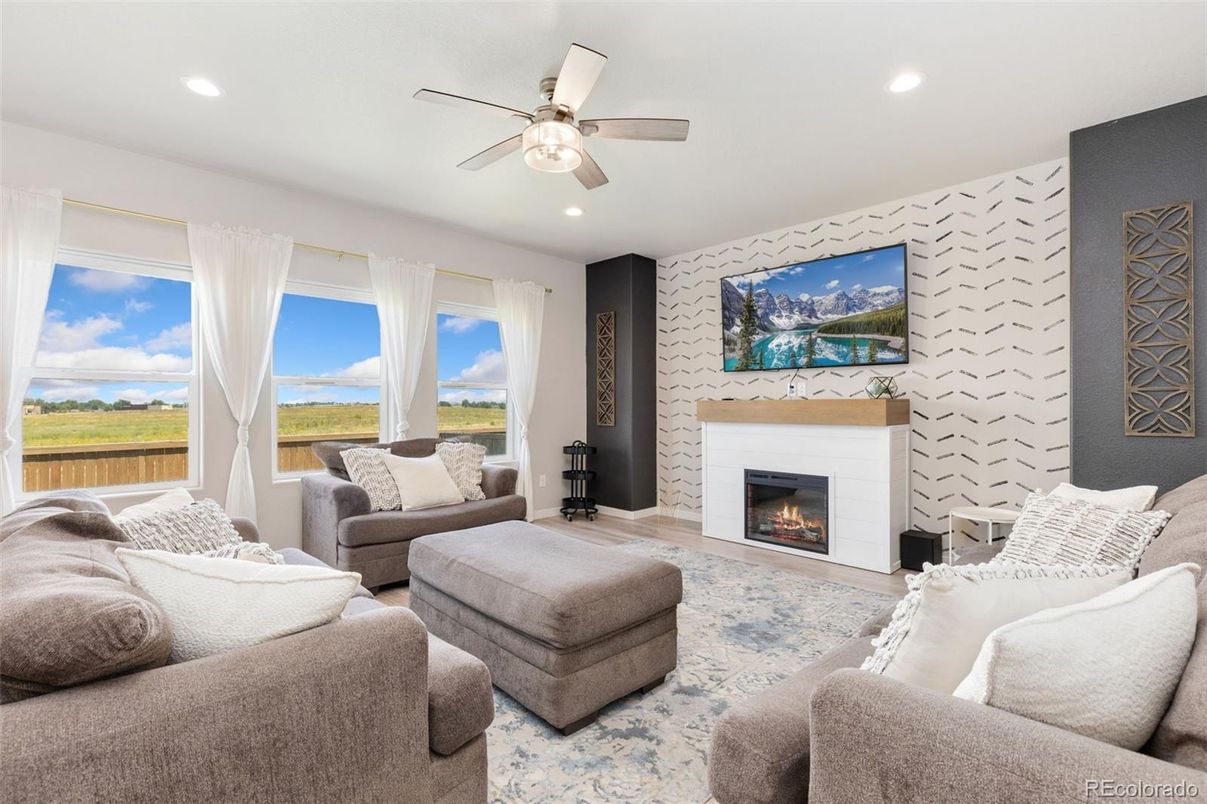 Fireplace, Interior, Living room, Recessed Lighting, Stone Walls, Water