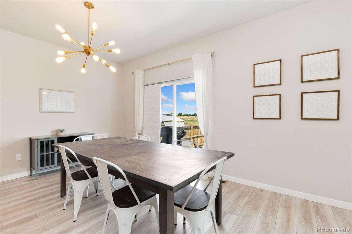 Dining room, Interior, Pendant Lights, Wood Texture Flooring
