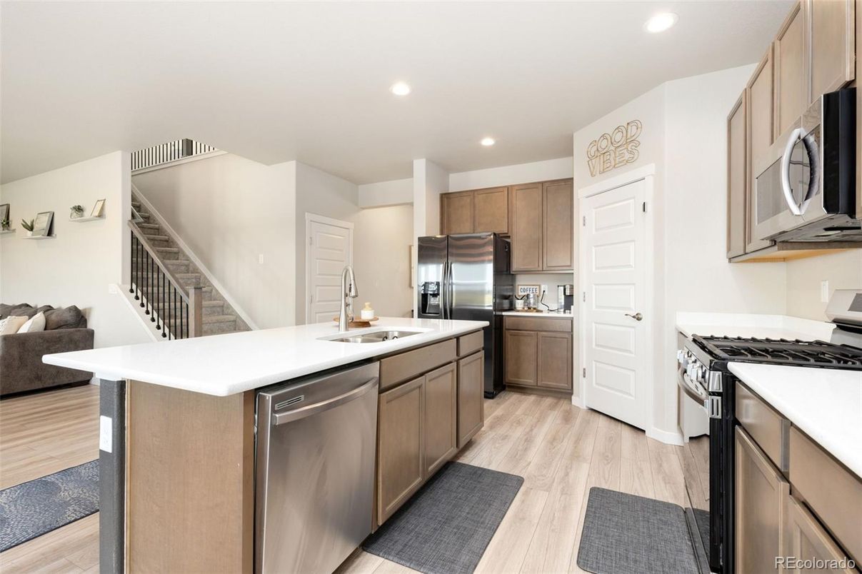 Interior, Kitchen, Recessed Lighting, Stainless Steel Appliances, Wood Texture Flooring