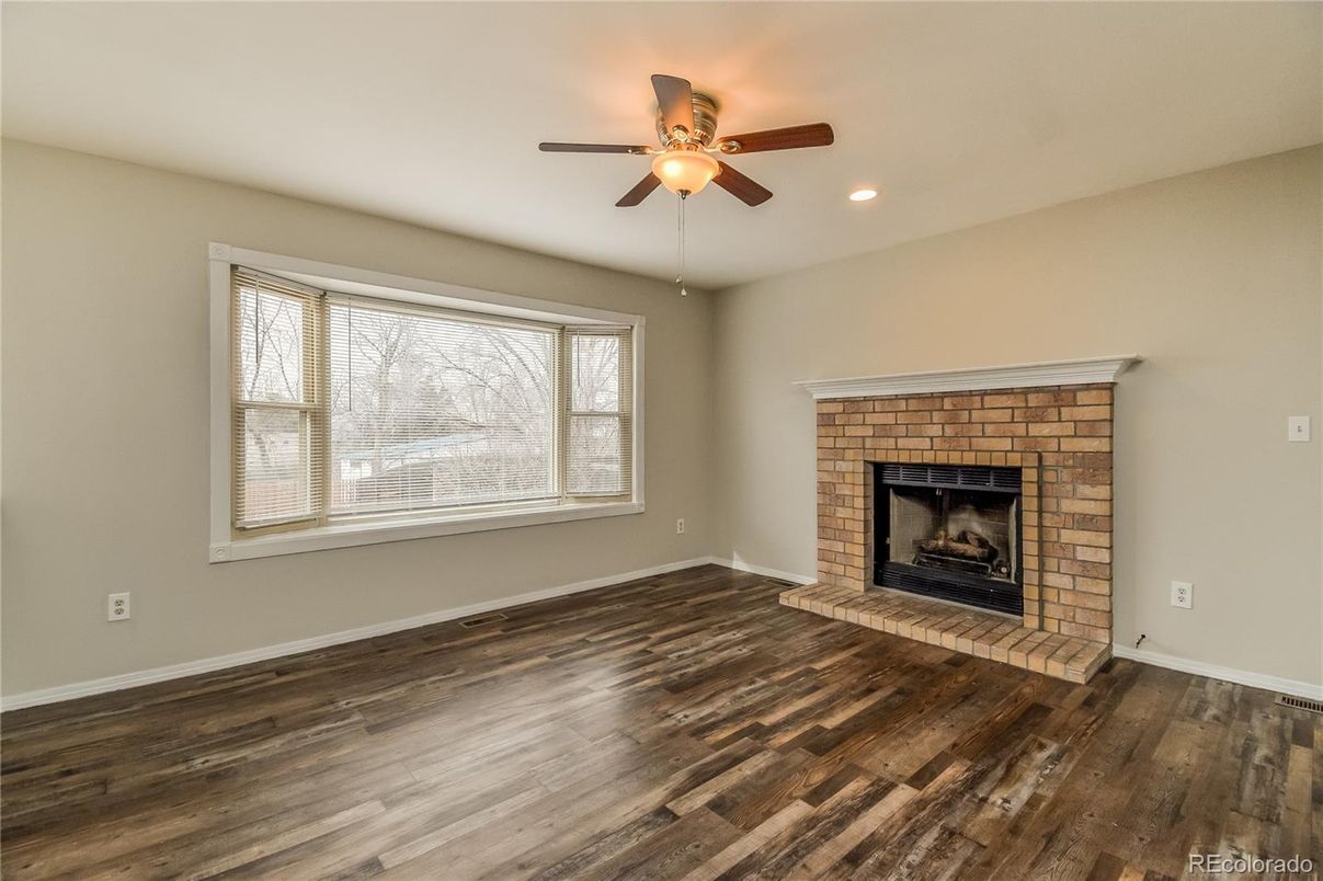 Empty room, Fireplace, Interior, Recessed Lighting, Wood Texture Flooring