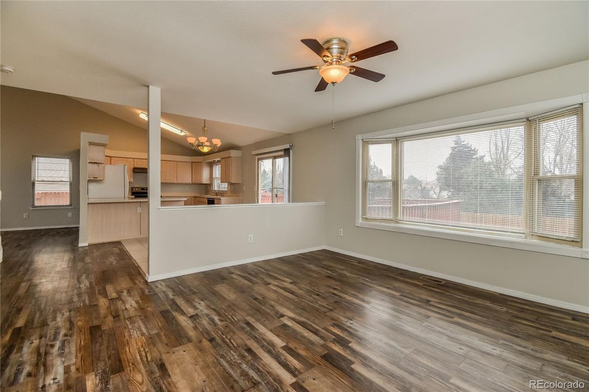 Chandelier, Empty room, Interior, Kitchen, Wood Texture Flooring
