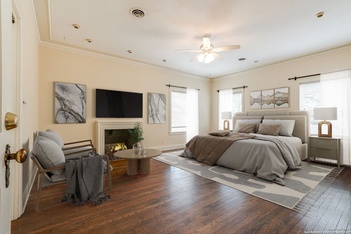 Bedroom, Fireplace, Interior, Recessed Lighting, Wood Texture Flooring