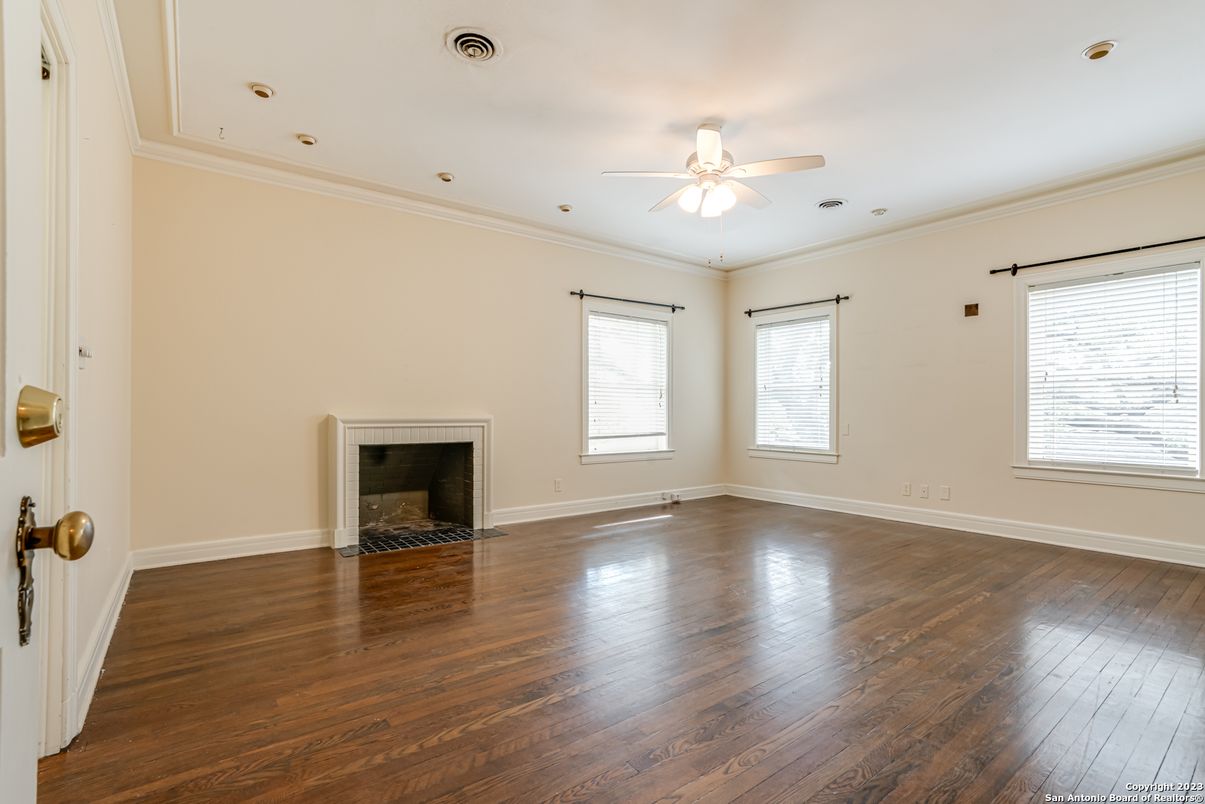 Empty room, Fireplace, Interior, Recessed Lighting, Wood Texture Flooring