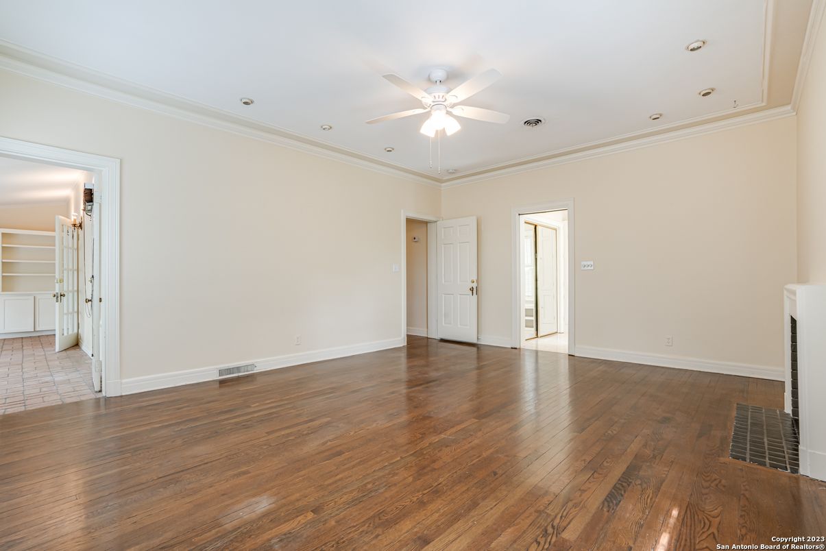 Empty room, Fireplace, Interior, Recessed Lighting, Wood Texture Flooring