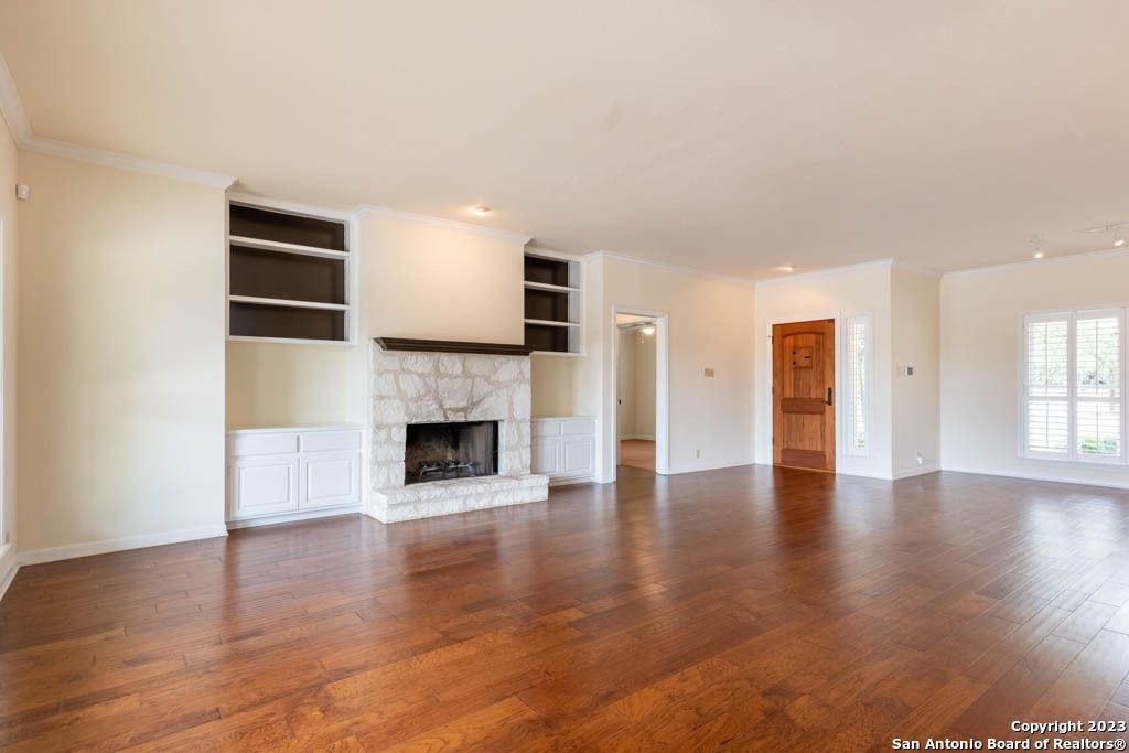 Empty room, Fireplace, Interior, Recessed Lighting, Wood Texture Flooring