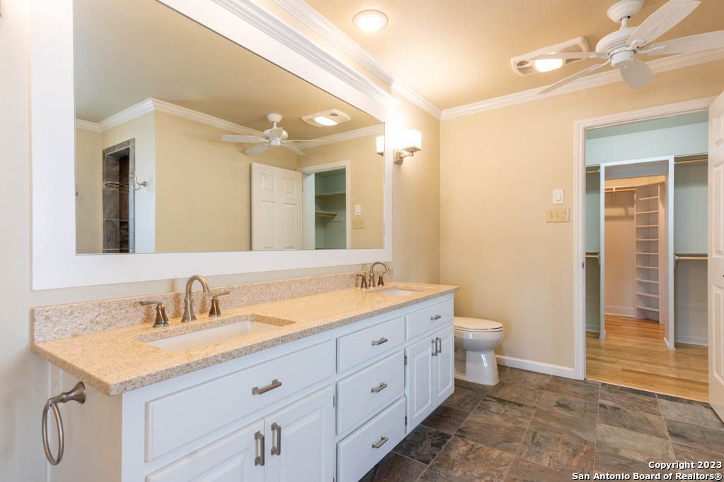 Bathroom, Dual Sink Vanities, Interior, Recessed Lighting, Wood Texture Flooring