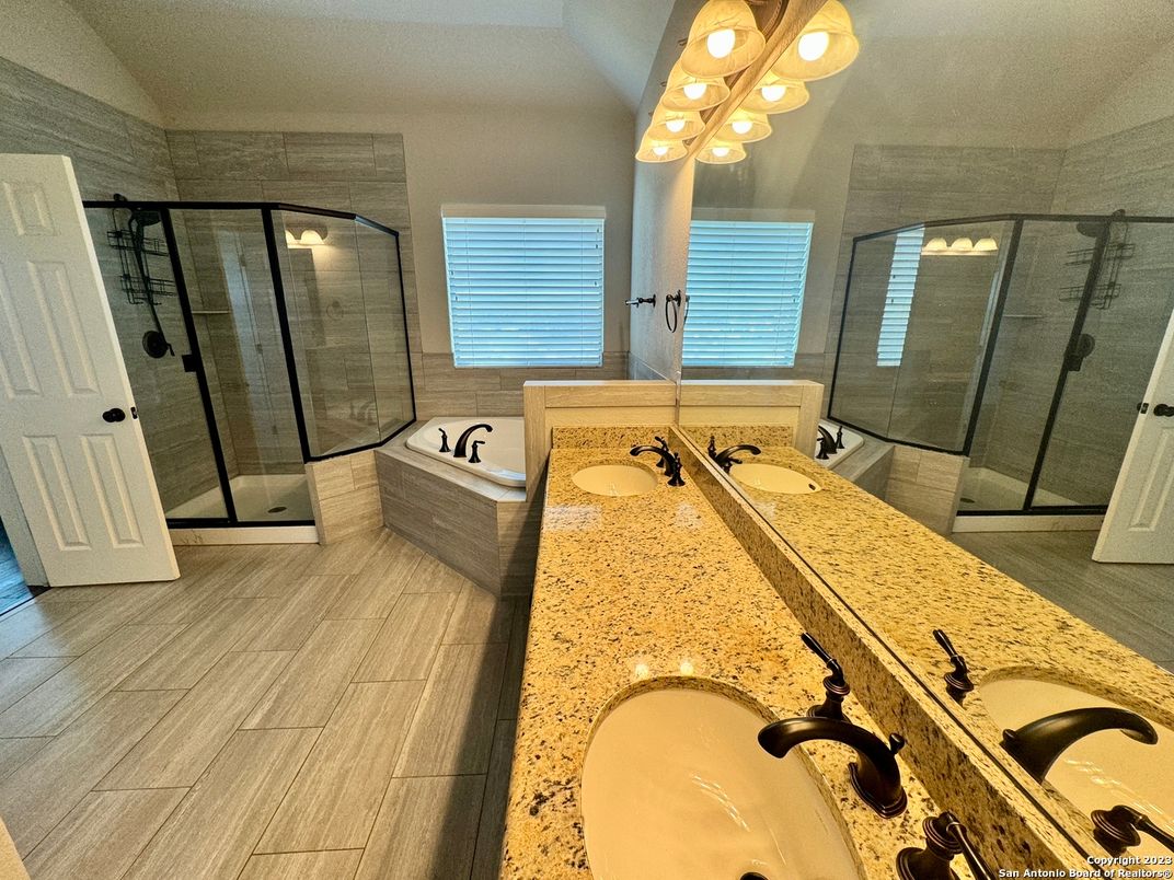 Bathroom, Dual Sink Vanities, Glass Shower, Interior, Wood Texture Flooring