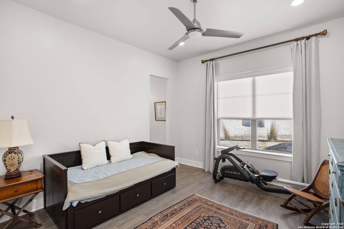 Bedroom, Fitness Equipment, Interior, Recessed Lighting, Water, Wood Texture Flooring